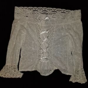 White, off-the-shoulder,  eyelet lace up blouse